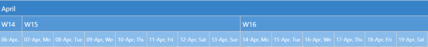 Month, Week numbers and Date with week day name in xViz Gantt Chart Timeline Header 